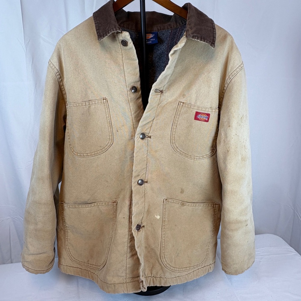Vtg Dickies Barn Chore Coat Tan Canvas Blanket Lined Distressed Workwear L